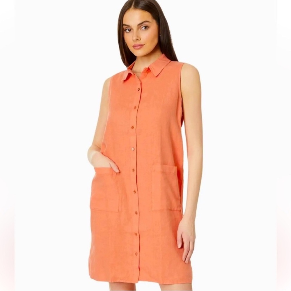 NEW Eileen Fisher Organic Linen Classic Collar Dress in Guava Women's Small